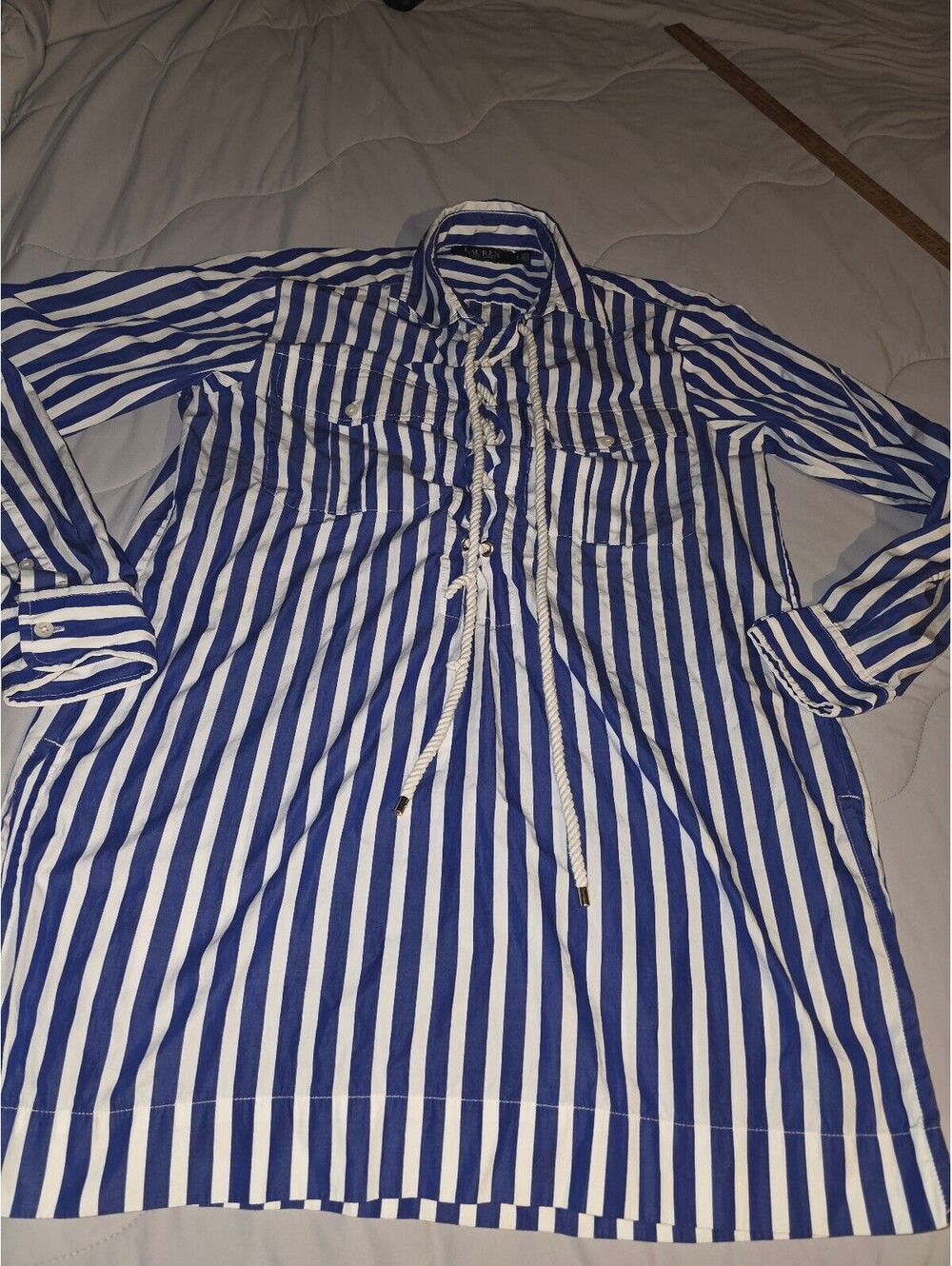 Lauren Ralph Lauren Women’s Blue White Striped Long Sleeve Tie Up Shirt - small